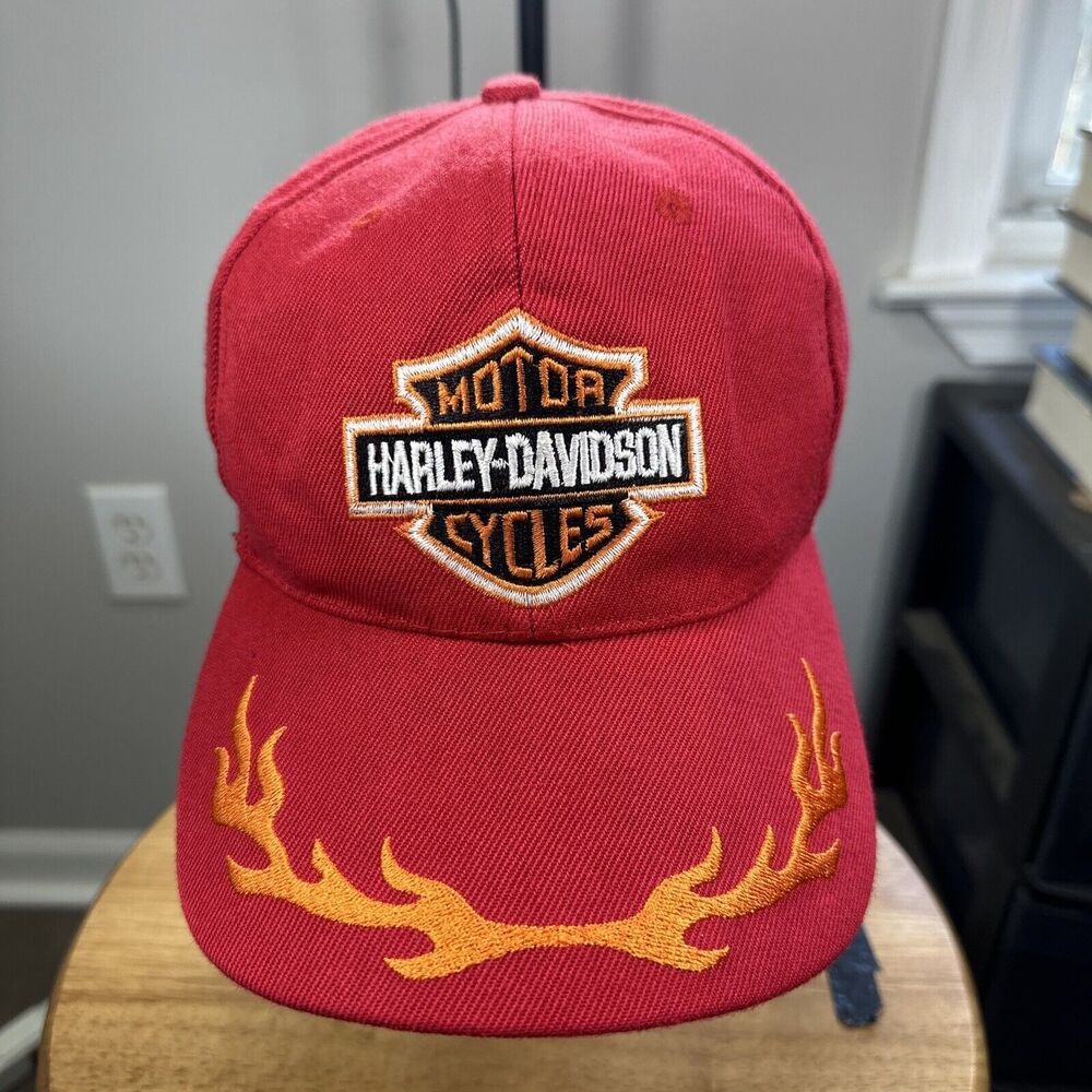 Vintage Harley Davidson Flames Hat Red Adjustable Cap Y2K Retro Fire